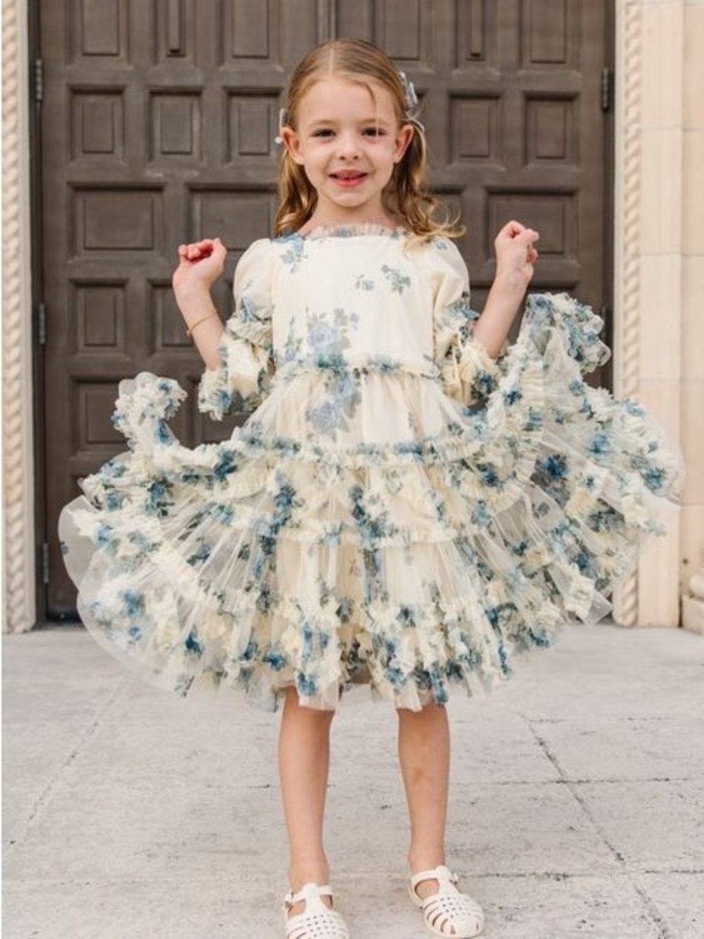 IVY CITY GIRLS 6/7 worn once Cream Floral Ruffle Tulle Dress for Girls